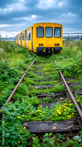 Abandoned yellow train car on overgrown tracks