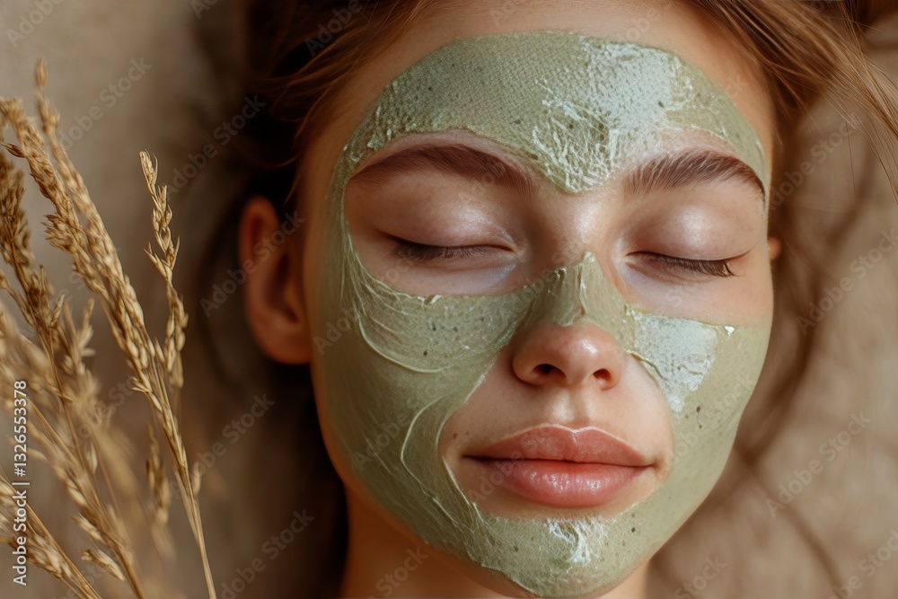 Fototapeta premium a woman with closed eyes has a facial mask on.