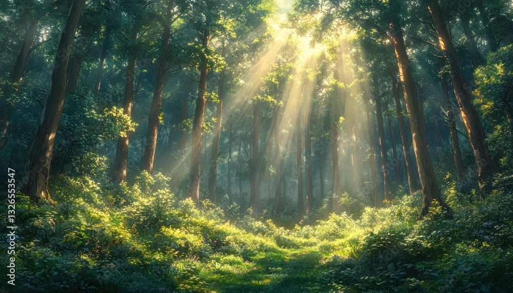 Obraz premium Forest Daylight Landscape Scene Anime Background Illustration Lush Greenery Sunlight Trees Nature