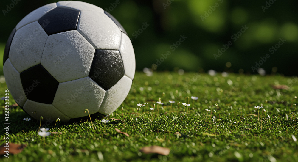 Fototapeta premium Ball games in the spring forest, Soccer ball resting on lush green grass with flowers