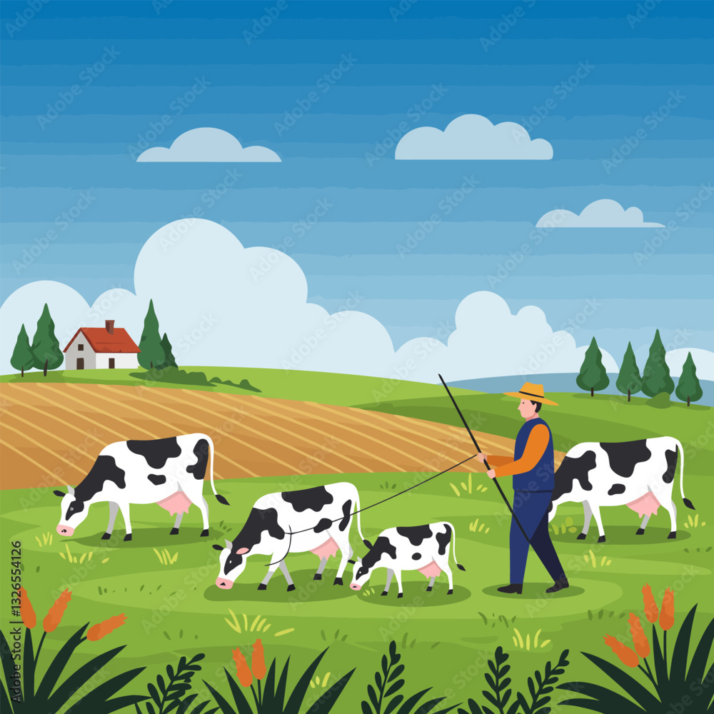 Fototapeta premium Farmer Herding Cows on Green Pasture in Rural Countryside Illustration