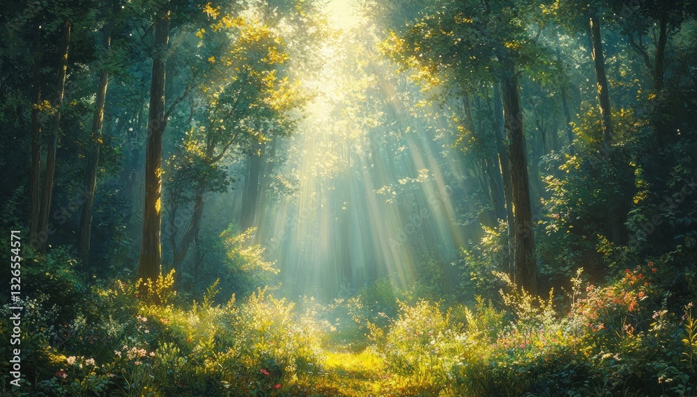 Obraz premium Serene Forest Scene with Sunlight and Lush Greenery in Anime Style