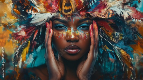 Portrait of a Woman with Colorful Headdress and Artistic Face Makeup Expressing Cultural Identity