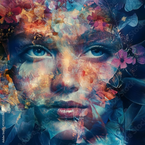Portrait of a Young Woman with Floral Patterns and Vivid Colors Blending Into a Dreamlike Background
