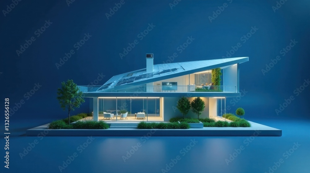 Fototapeta premium Modern Eco-Friendly Residence Illuminated at Nighttime Featuring Solar Panels and Lush Landscaping on a Minimalist Base