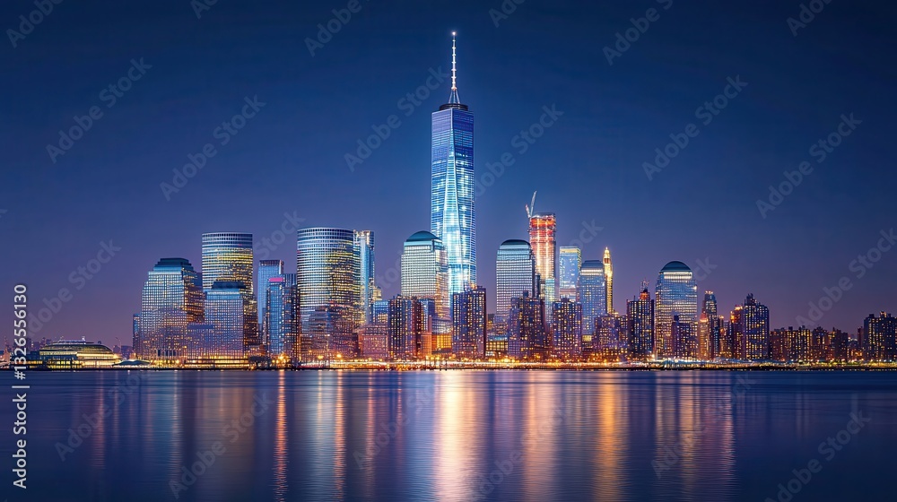 Obraz premium Stunning Night Cityscape of Manhattan Skyline with Hudson River Reflection