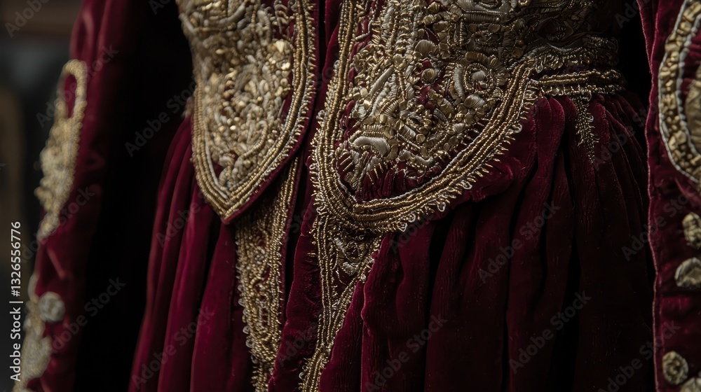 Fototapeta premium Elegant burgundy fabric with intricate golden embroidery details