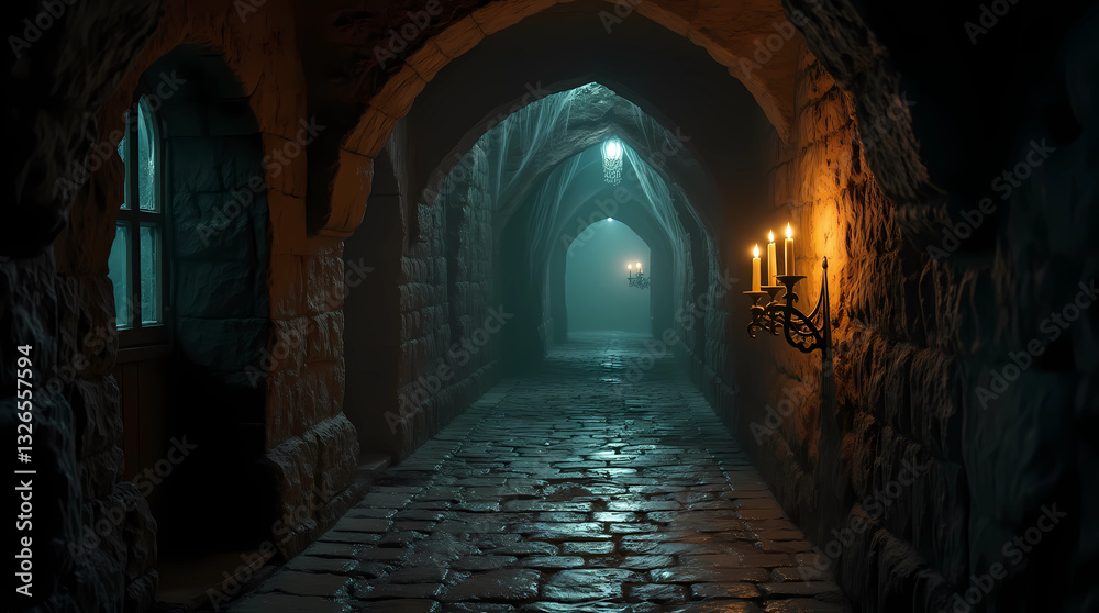 Fototapeta premium Kino's haunted basement with glowing spiderwebs