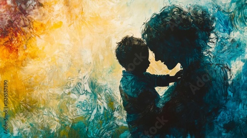Silhouette of a Loving Mother Holding Her Child Against a Colorful Abstract Background