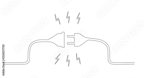 Minimalist one-line drawing illustrating a plug connecting with an electrical outlet, created using a single continuous stroke in elegant linear style