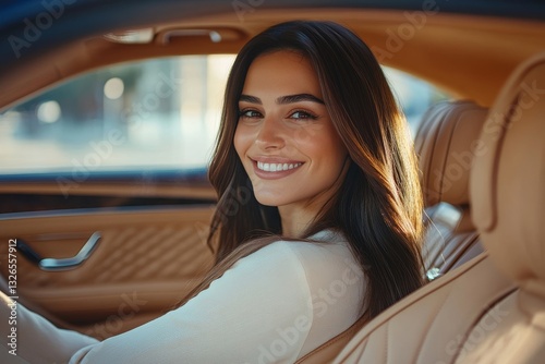 a woman smiles at the camera while driving a car.