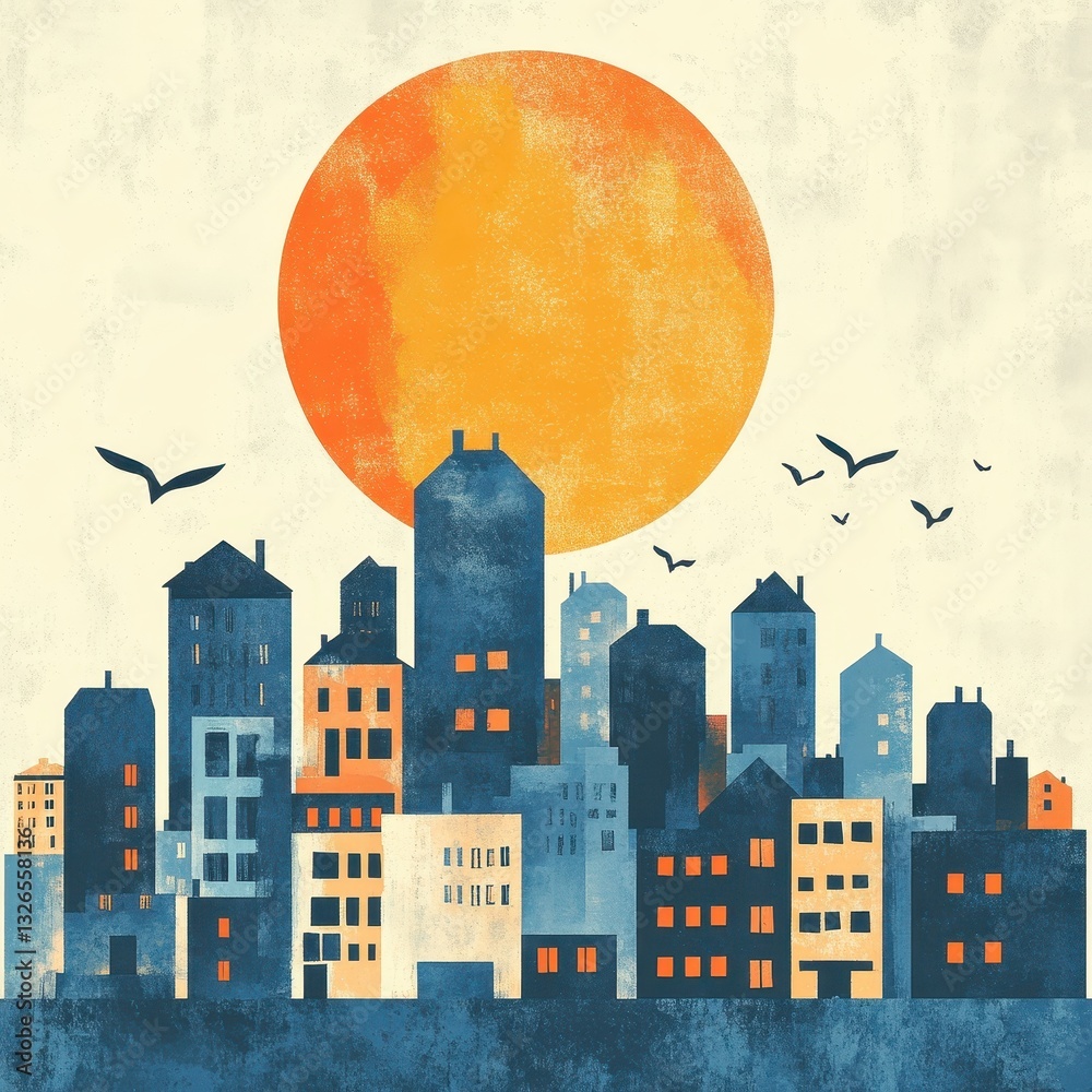 Fototapeta premium City buildings are silhouetted against the backdrop of a large sun