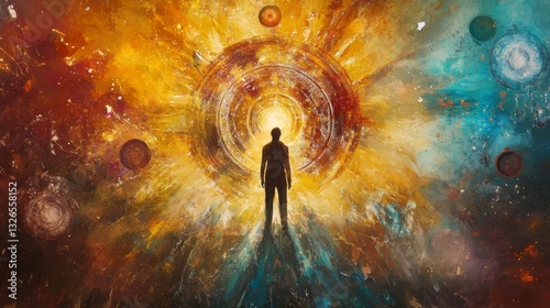 Silhouette of a Person Standing Amidst a Vibrant Abstract Cosmos Filled with Colorful Energy