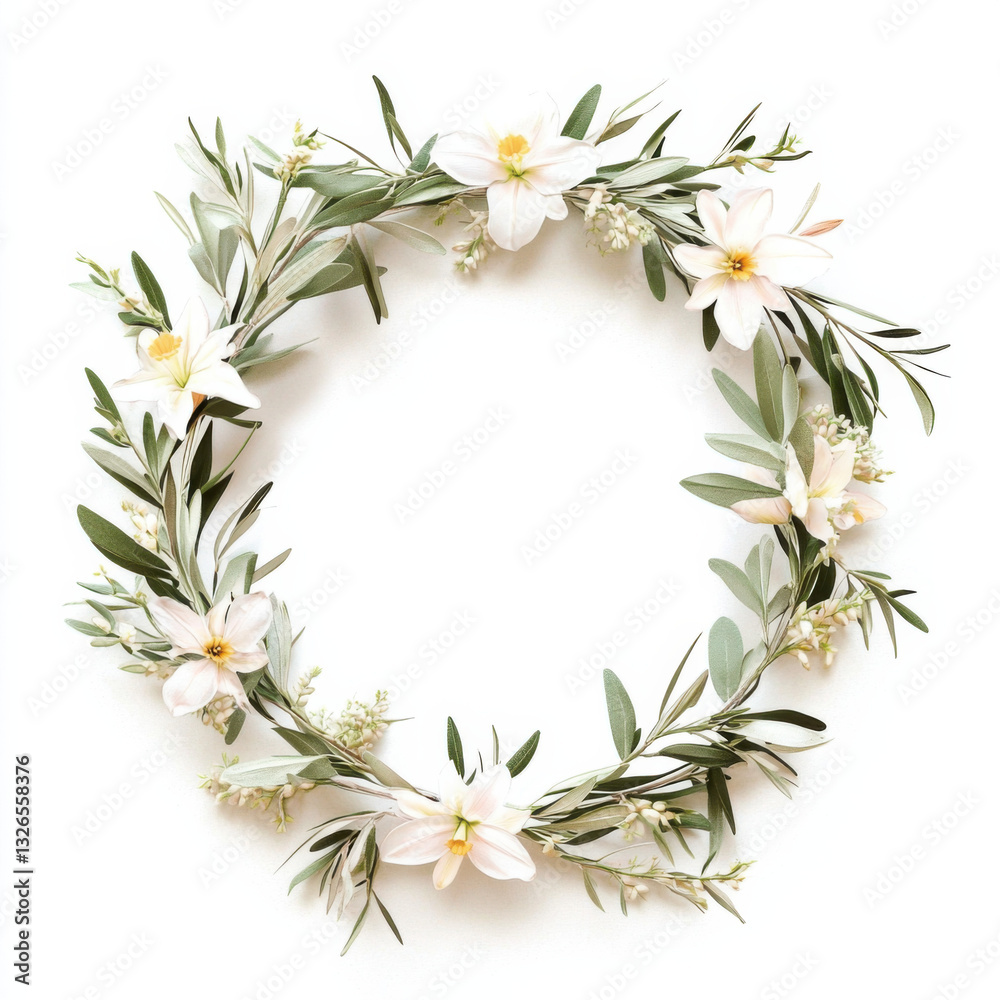 Fototapeta premium Isolated on a white background, A delicate circular wreath made of intertwined olive branches with soft pastel flowers, including lilies and daffodils. 