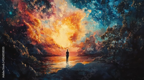 Silhouette of a Person Standing at the Ocean During a Colorful Sunset with Starry Sky