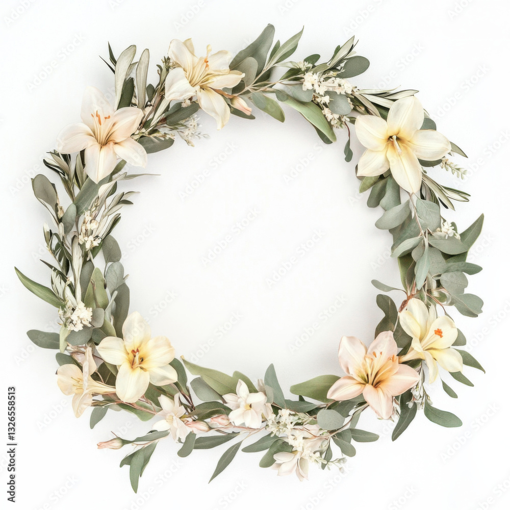 Isolated on a white background, A delicate circular wreath made of intertwined olive branches with soft pastel flowers, including lilies and daffodils. Isolated on a white background, A delicate circular wreath made of intertwined olive branches with soft pastel flowers, including lilies and daffodils.