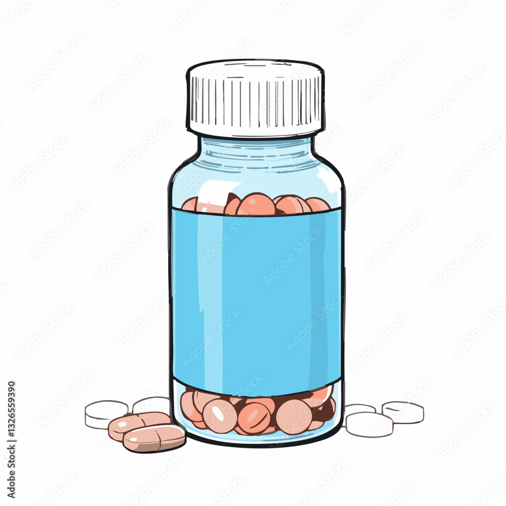 Medication Bottle with Pills and Tablets Illustration. Vector image