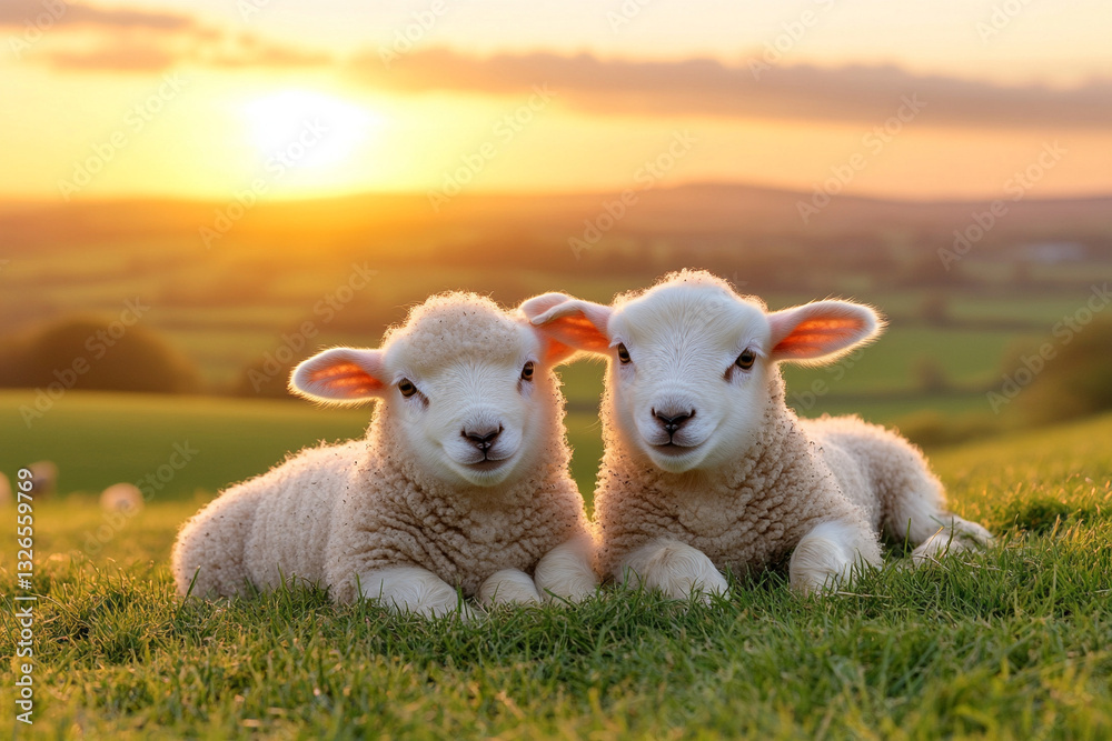 Fototapeta premium a photo of two cute baby lambs playing in the sunlit field, surrounded by l