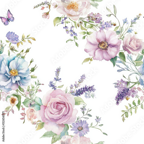  watercolor illustration of an elegant floral wreath, adorned with pastel-colored flowers like peonies and lavender. The background is a soft white color