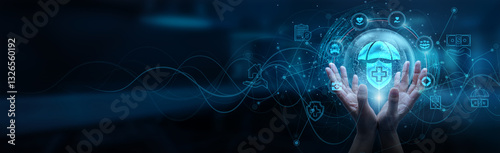 Hand man holding of global insurance network connection, risk assessment claim processing policy management, underwriting actuarial analysis customer service, financial security loss prevention peace.