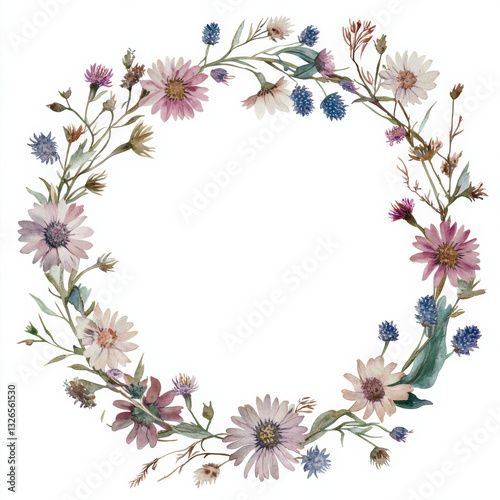 Wallpaper Mural a watercolor illistration of ASTER FLOWER WREATH BORDER, muted color palette, aesthetic style, detailed design, brushed texture, to be used as clipar Torontodigital.ca