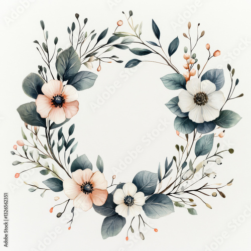 a sweet, delicate floral wreath with flowers such as: wax flowers cream beige old pink eucalyptus olive colored very tightly tied with pampas grass, comic art, drawn with watercolor brushes, watercolo
