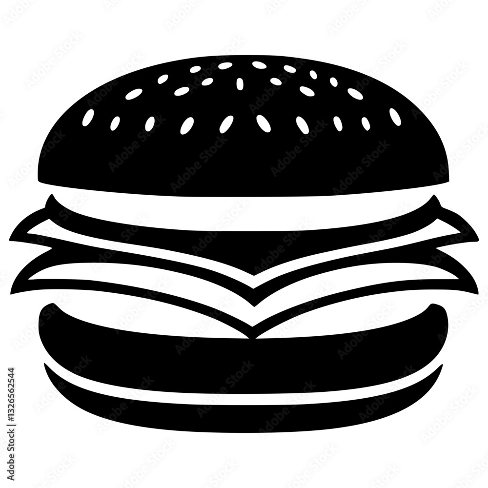 Black and white hamburger silhouette on white background, minimalist design for food branding and graphic projects Black and white hamburger silhouette on white background, minimalist design for food branding and graphic projects
