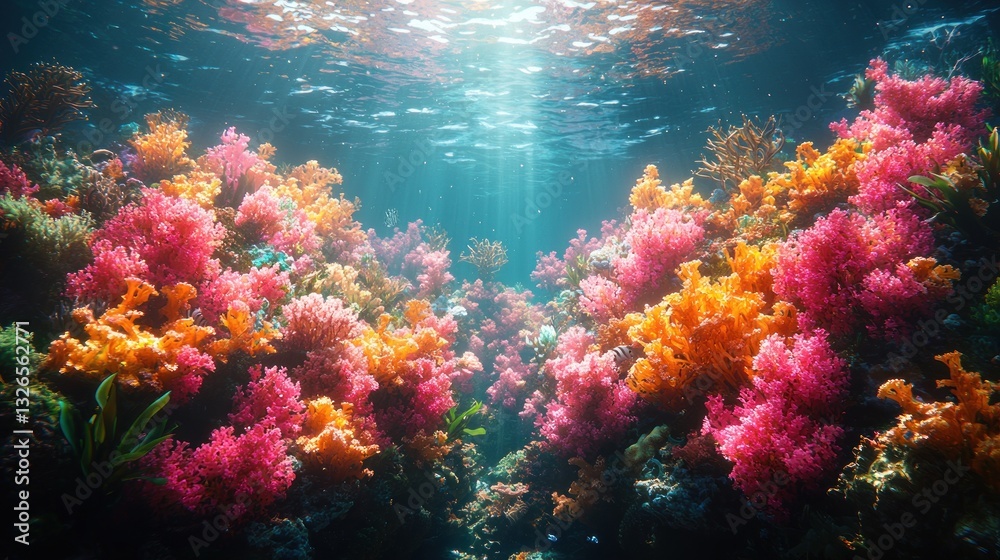 Fototapeta premium Vibrant underwater coral reef scene with sunlight.