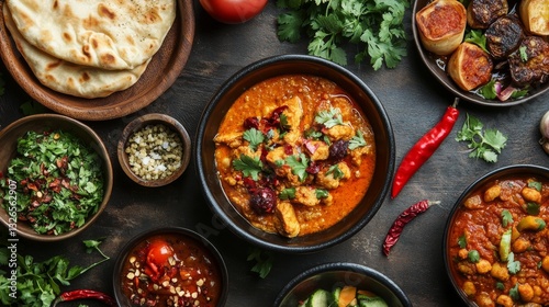 Variety of Indian Dishes Including Chicken Curry, Naan, Fresh Herbs, and Spices on a Rustic Table