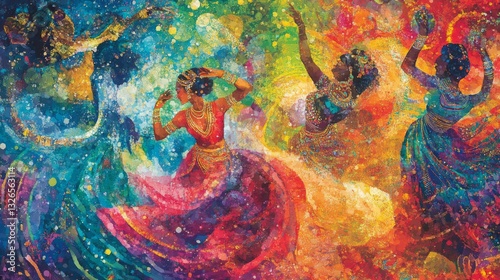 Vibrant Abstract Dance Celebration with Colorful Dancers in Motion Against a Kaleidoscopic Background