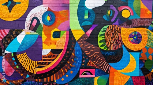 Vibrant Abstract Mural Featuring Colorful Geometric Shapes and Patterns in Urban Environment