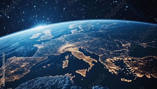 Planet Earth at Night with City Lights of Europe and the Mediterranean SeaShining. 3D Illustration.