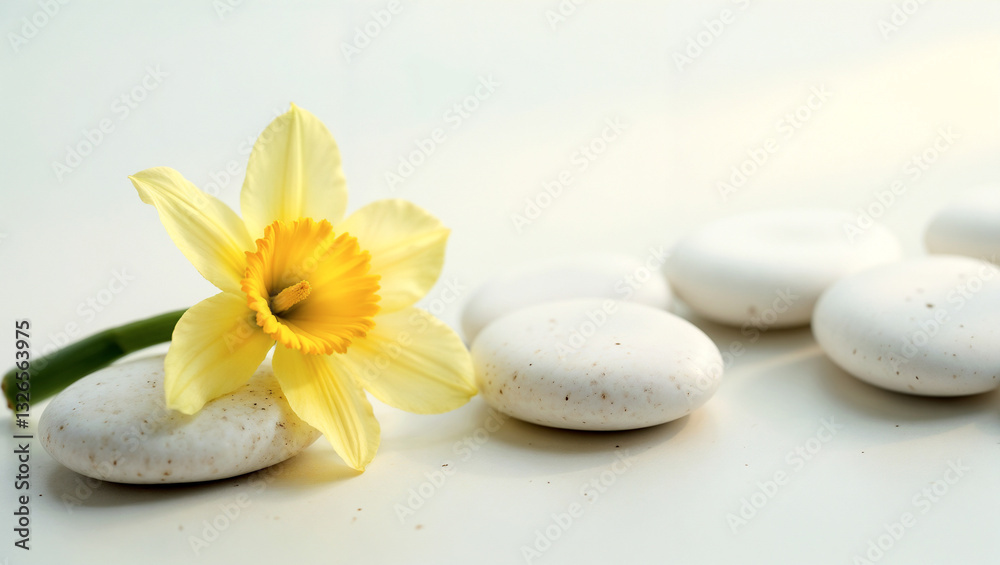 A Serene Yellow Daffodil Rests Peacefully Atop Smooth, White Stones, Evoking A Sense Of Calm And Tranquility With Soft Light And A Minimalist Background A Serene Yellow Daffodil Rests Peacefully Atop Smooth, White Stones, Evoking A Sense Of Calm And Tranquility With Soft Light And A Minimalist Background