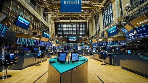 Dramatic stock exchange interior showcasing modern technology and financial trading
