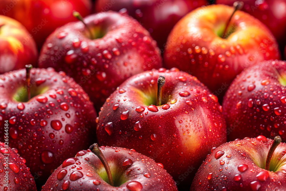 Close-up view of fresh, glossy red apples covered with dew droplets, ideal for healthy food photography, organic produce, and nature-themed projects. Close-up view of fresh, glossy red apples covered with dew droplets, ideal for healthy food photography, organic produce, and nature-themed projects.