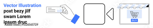 Hand holding card, online payment symbol, cart window with checkout button. Ideal for payment systems, shopping, e-commerce, marketing, business transactions, digital platforms flat landing page