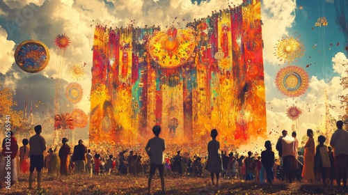 Vibrant Festival Celebration Featuring Colorful Decorations and Enthusiastic Crowd Underneath Sunny Sky