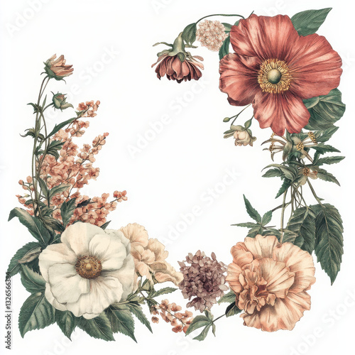 aesthteic vintage illustration , a frame made of flowers , italian feel white background 