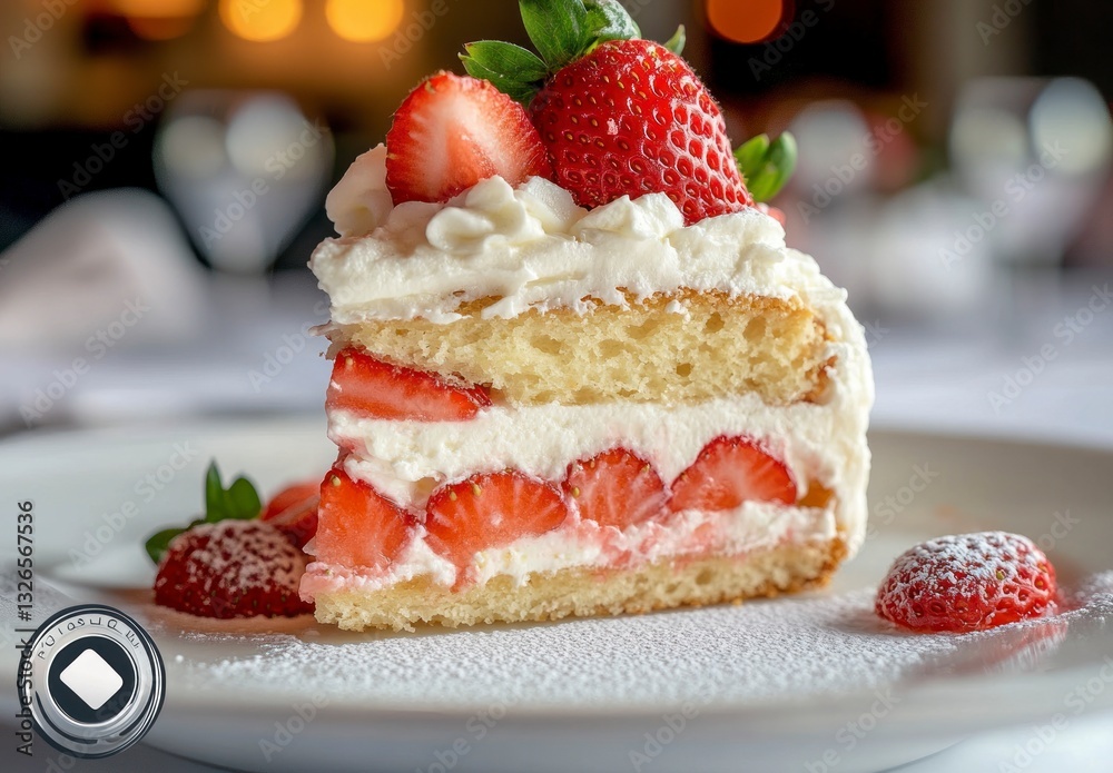 Delicious Strawberry Shortcake Slice with Cream on White Plate Close Up Delicious Strawberry Shortcake Slice with Cream on White Plate Close Up