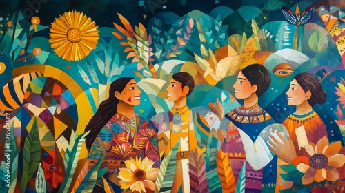 Vibrant Mural Depicting Joyful Community Gathering Surrounded by Nature and Colorful Flora