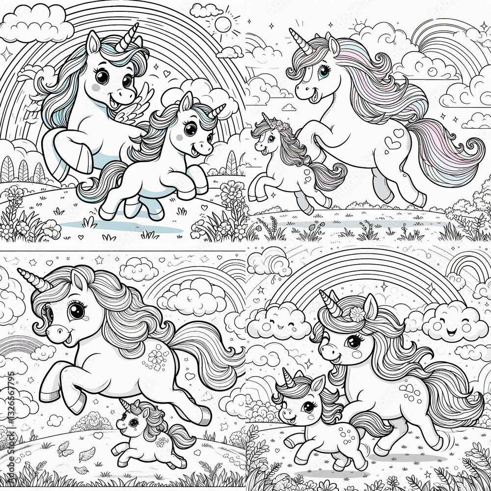 four sheets of children's coloring pages with unicorns. A mother unicorn and her baby unicorn are cheerfully running across a field in the grass and above are clouds and a rainbow four sheets of children's coloring pages with unicorns. A mother unicorn and her baby unicorn are cheerfully running across a field in the grass and above are clouds and a rainbow