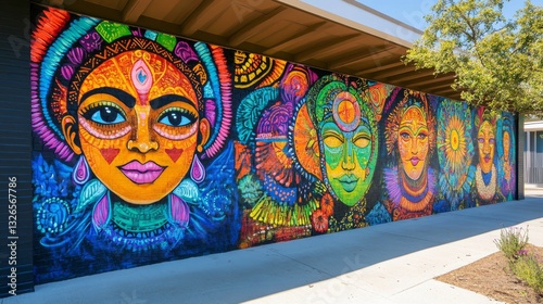 Vibrant Mural Featuring Colorful Faces and Spiritual Designs on an Urban Wall in a Sunny Atmosphere