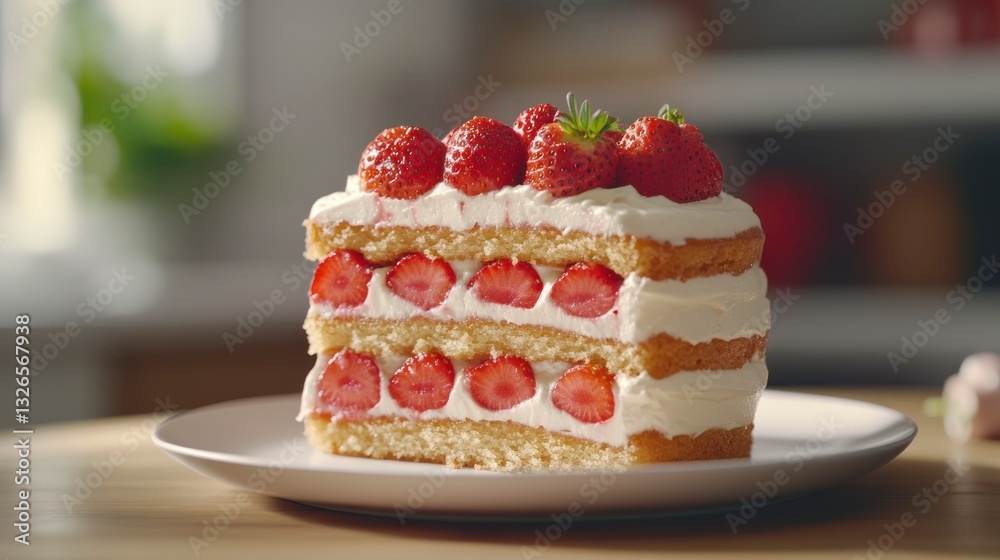 Slice of Strawberry Cake with Cream on Plate Delicious Dessert Slice of Strawberry Cake with Cream on Plate Delicious Dessert