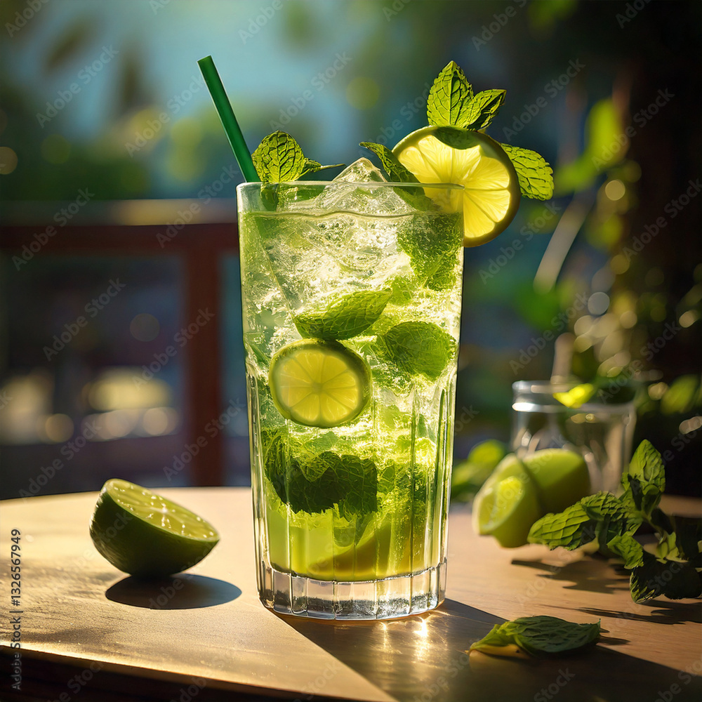 Mojito cocktail on a light table with fresh mint and limes, refreshing drink, photography, editorial
