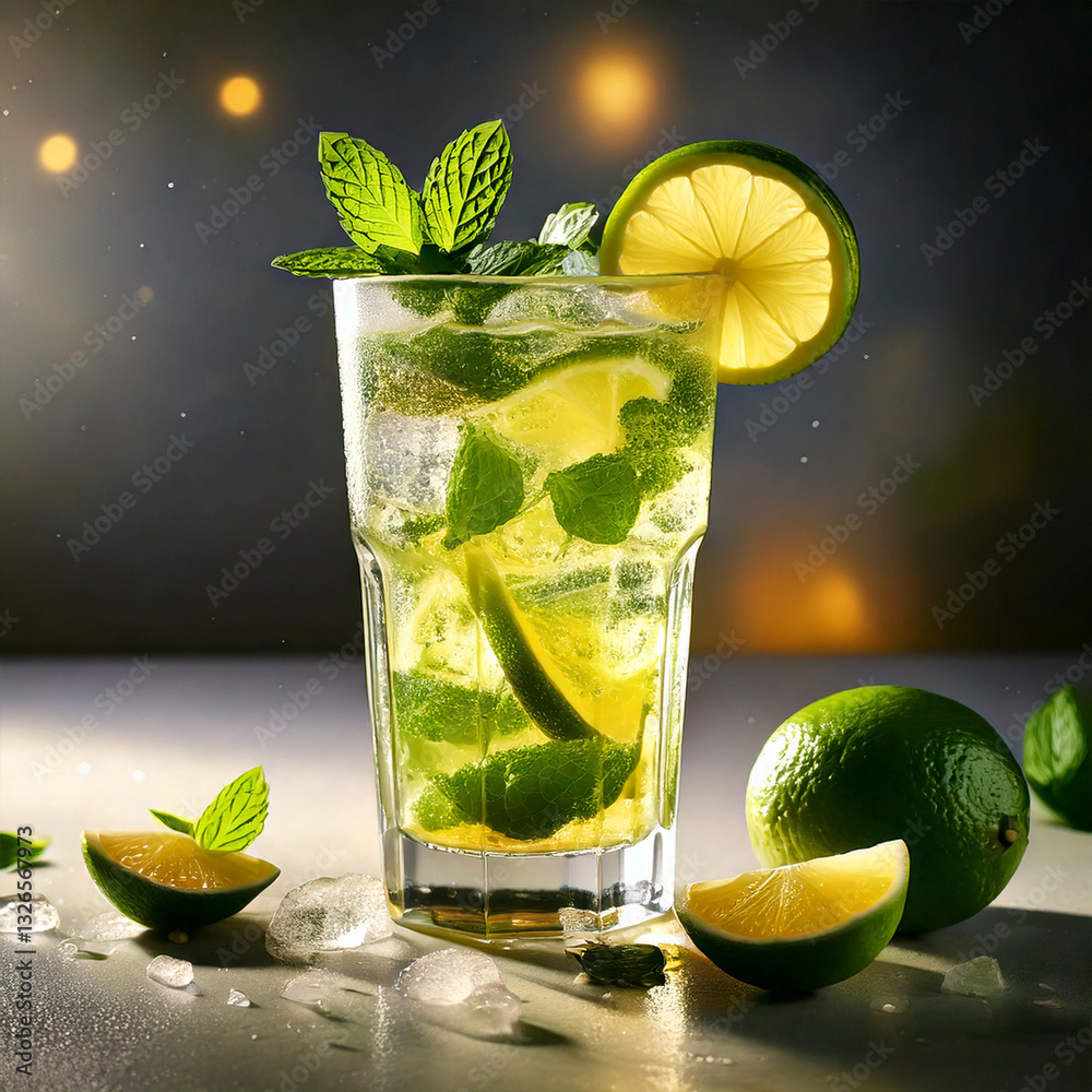 Mojito cocktail on a light table with fresh mint and limes, refreshing drink, photography, editorial