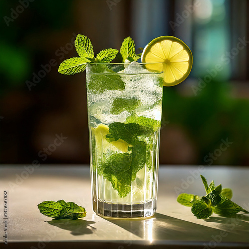 Obraz na płótnie Mojito cocktail on a light table with fresh mint and limes, refreshing drink, photography, editorial w salonie
