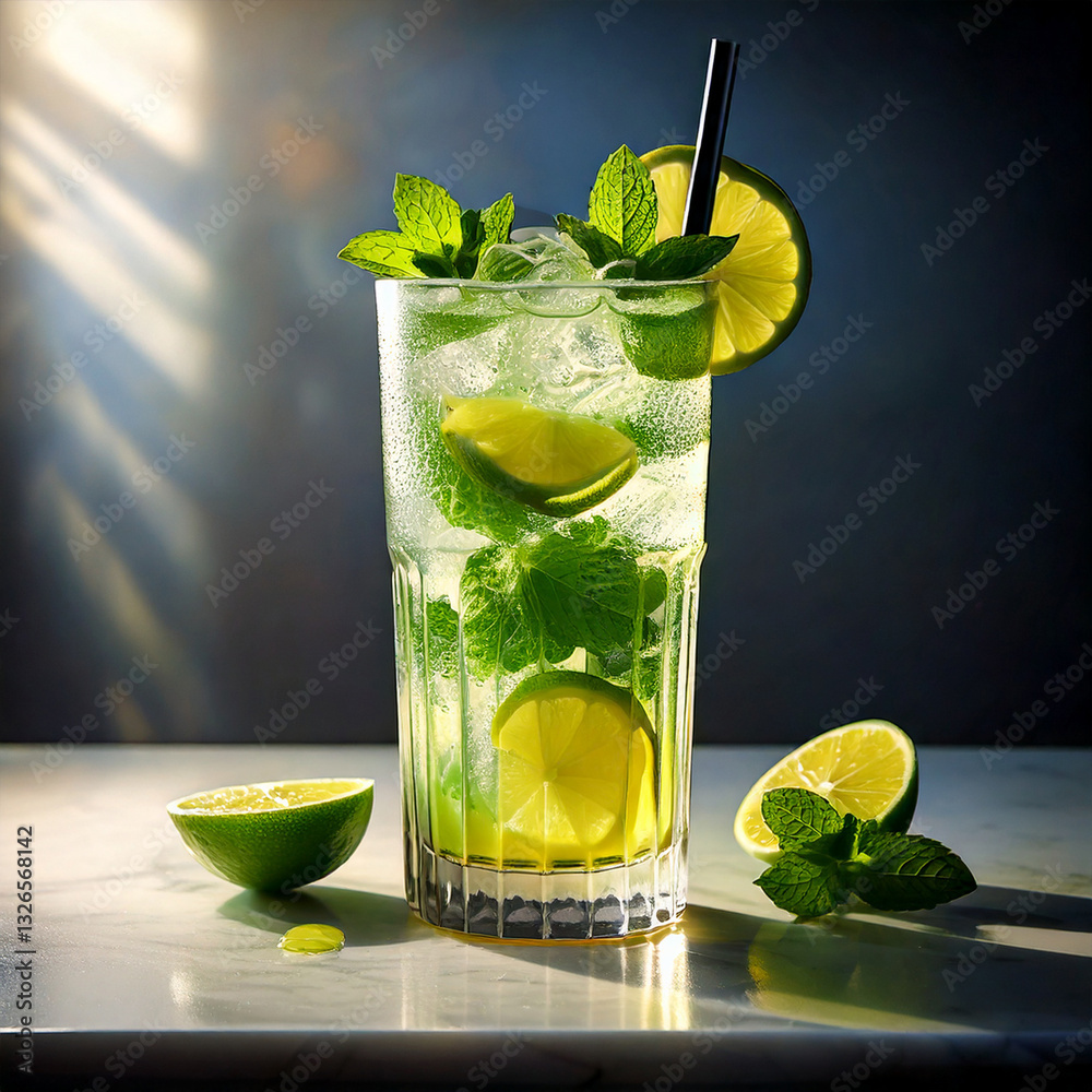Mojito cocktail on a light table with fresh mint and limes, refreshing drink, photography, editorial