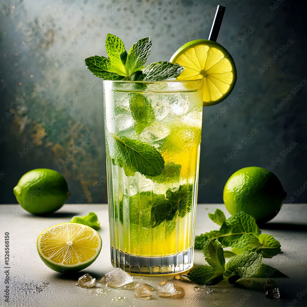 Mojito cocktail on a light table with fresh mint and limes, refreshing drink, photography, editorial