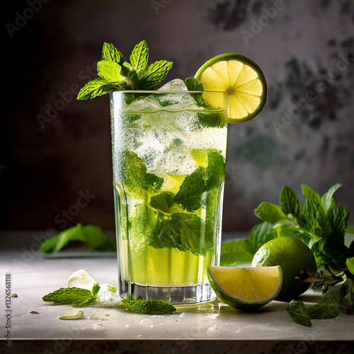 Mojito cocktail on a light table with fresh mint and limes, refreshing drink, photography, editorial
