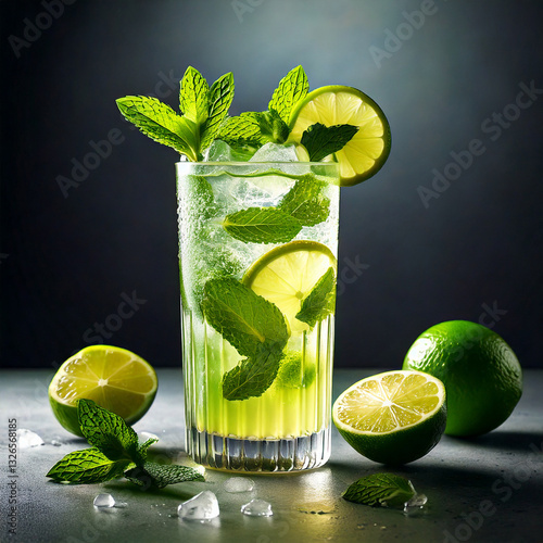 Obraz na płótnie Mojito cocktail on a light table with fresh mint and limes, refreshing drink, photography, editorial w salonie